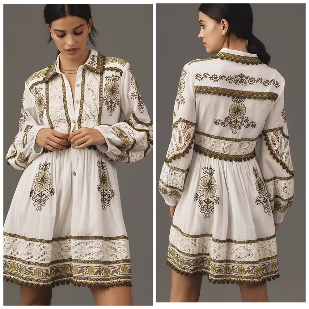 Anthropologie Maeve Long‎ Sleeve Embroidered Boho Mini Dress Floral Small Petite